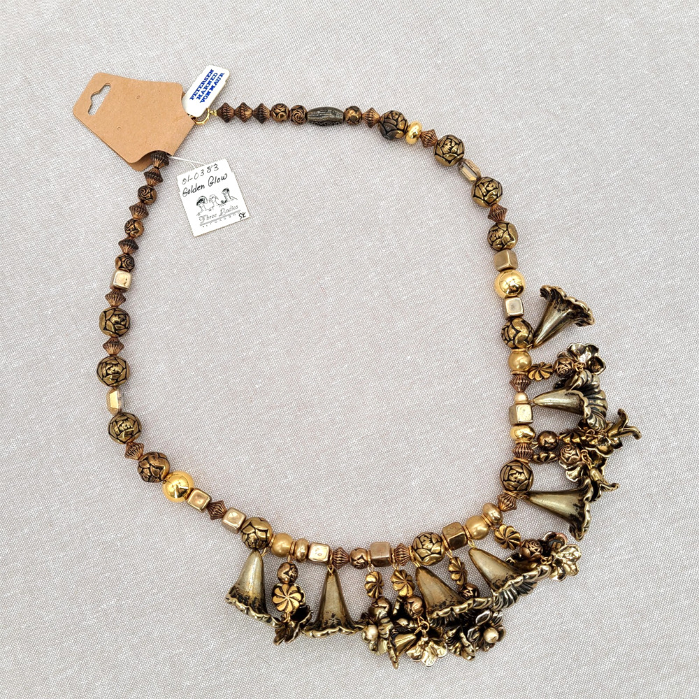 VTG Beaded Floral Trumpet Charm Gold Bib Statement Necklace Roxsann Three Ladies